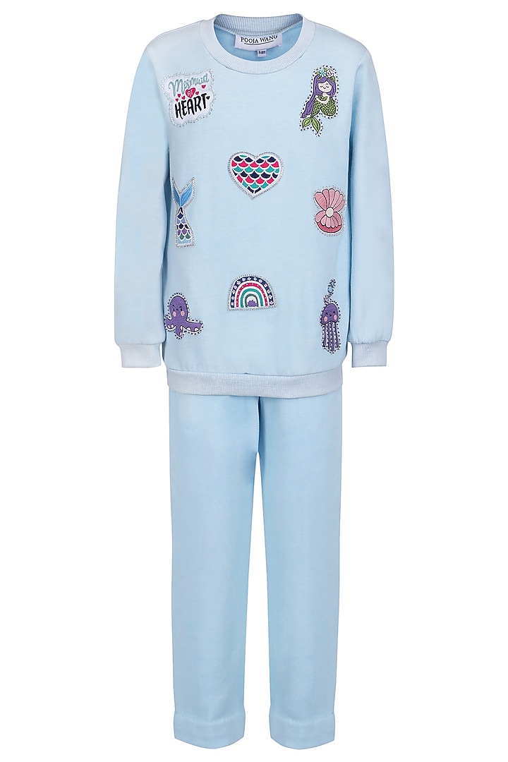 Ice Blue Fleece Embroidered Co-Ord Set For Girls by Pooja Wang at Pernia's Pop Up Shop