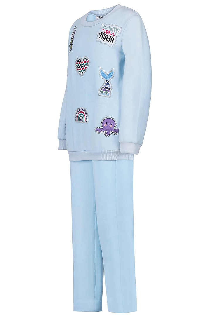 Ice Blue Fleece Embroidered Co-Ord Set For Girls by Pooja Wang at Pernia's Pop Up Shop