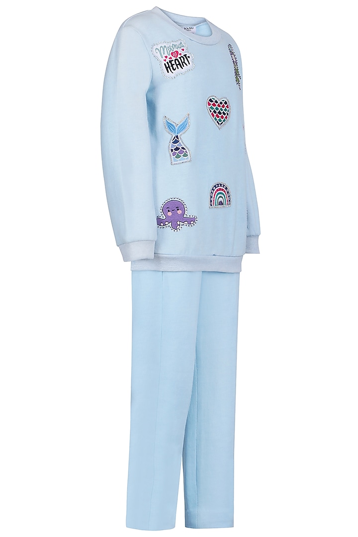 Ice Blue Fleece Embroidered Co-Ord Set For Girls by Pooja Wang at Pernia's Pop Up Shop