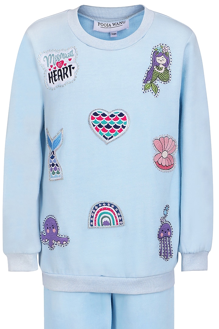 Ice Blue Fleece Embroidered Co-Ord Set For Girls by Pooja Wang at Pernia's Pop Up Shop
