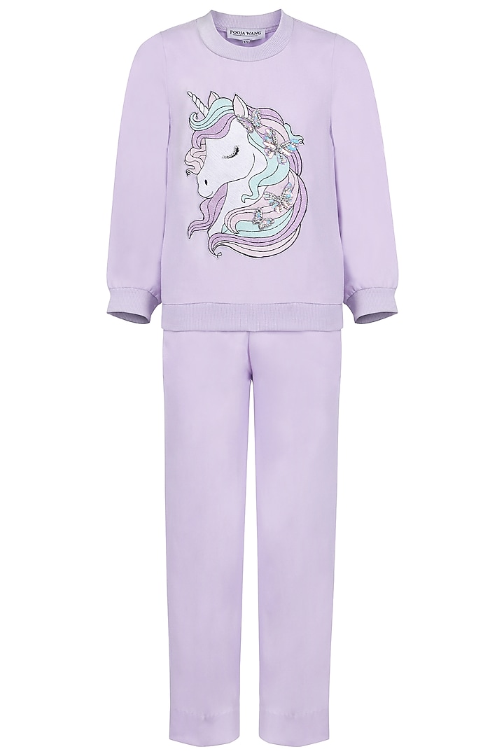 Lavender Banana Crepe Embroidered Co-Ord Set For Girls by Pooja Wang at Pernia's Pop Up Shop