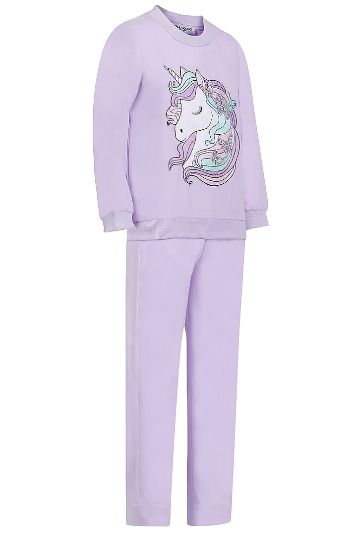 Lavender Banana Crepe Embroidered Co-Ord Set For Girls by Pooja Wang at Pernia's Pop Up Shop