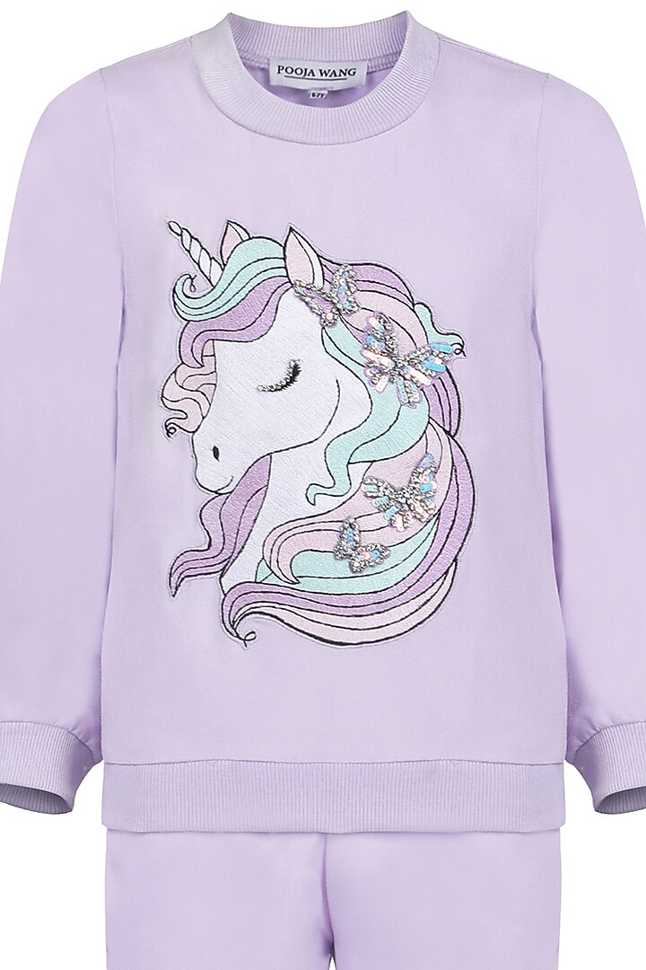 Lavender Banana Crepe Embroidered Co-Ord Set For Girls by Pooja Wang at Pernia's Pop Up Shop
