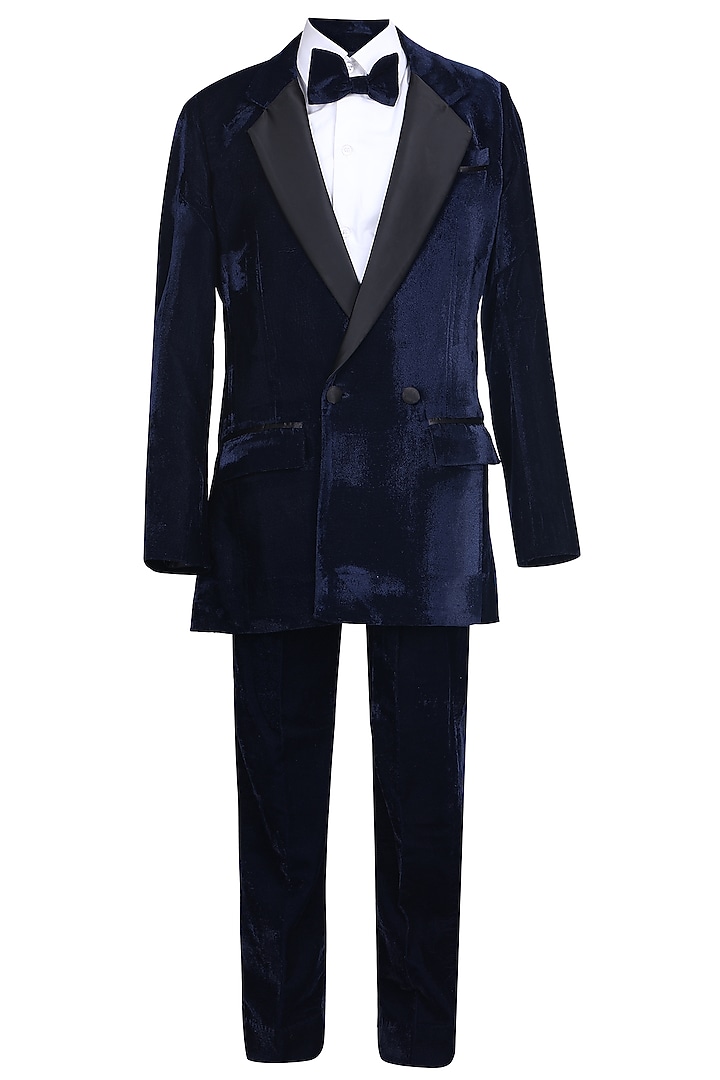 Royal Blue Velvet Tuxedo Set For Boys by Pooja Wang at Pernia's Pop Up Shop