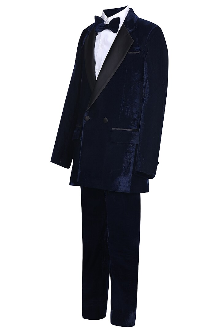 Royal Blue Velvet Tuxedo Set For Boys by Pooja Wang at Pernia's Pop Up Shop
