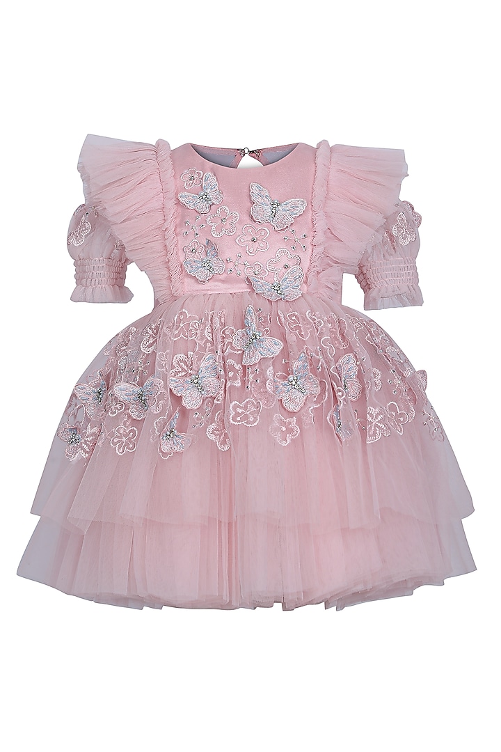 Onion Pink Net Embroidered Dress For Girls by Pooja Wang at Pernia's Pop Up Shop