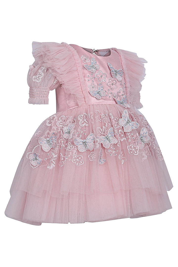 Onion Pink Net Embroidered Dress For Girls by Pooja Wang at Pernia's Pop Up Shop