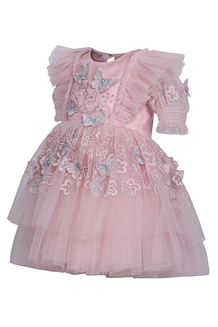 Onion Pink Net Embroidered Dress For Girls by Pooja Wang at Pernia's Pop Up Shop