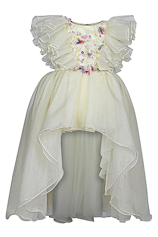 Lemon Organza Tissue Embroidered Dress For Girls by Pooja Wang