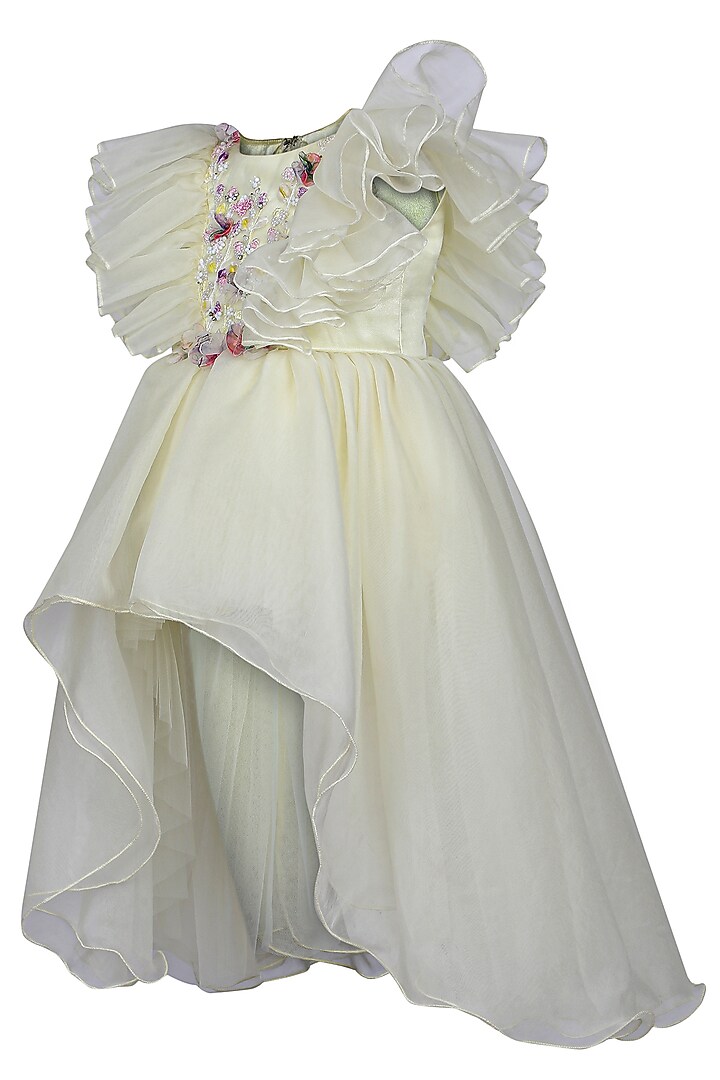 Lemon Organza Tissue Embroidered Dress For Girls by Pooja Wang at Pernia's Pop Up Shop