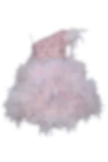 Baby Pink Feather & Dutch Satin Embroidered One-Shoulder Dress For Girls by Pooja Wang at Pernia's Pop Up Shop