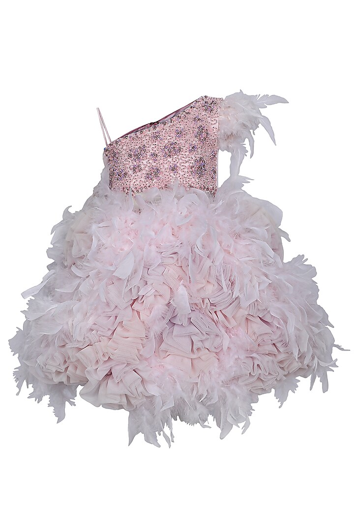 Baby Pink Feather & Dutch Satin Embroidered One-Shoulder Dress For Girls by Pooja Wang at Pernia's Pop Up Shop