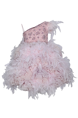 Baby Pink Feather & Dutch Satin Embroidered One-Shoulder Dress For Girls by Pooja Wang