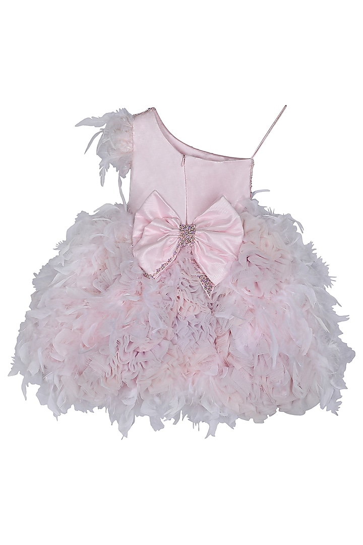 Baby Pink Feather & Dutch Satin Embroidered One-Shoulder Dress For Girls by Pooja Wang at Pernia's Pop Up Shop