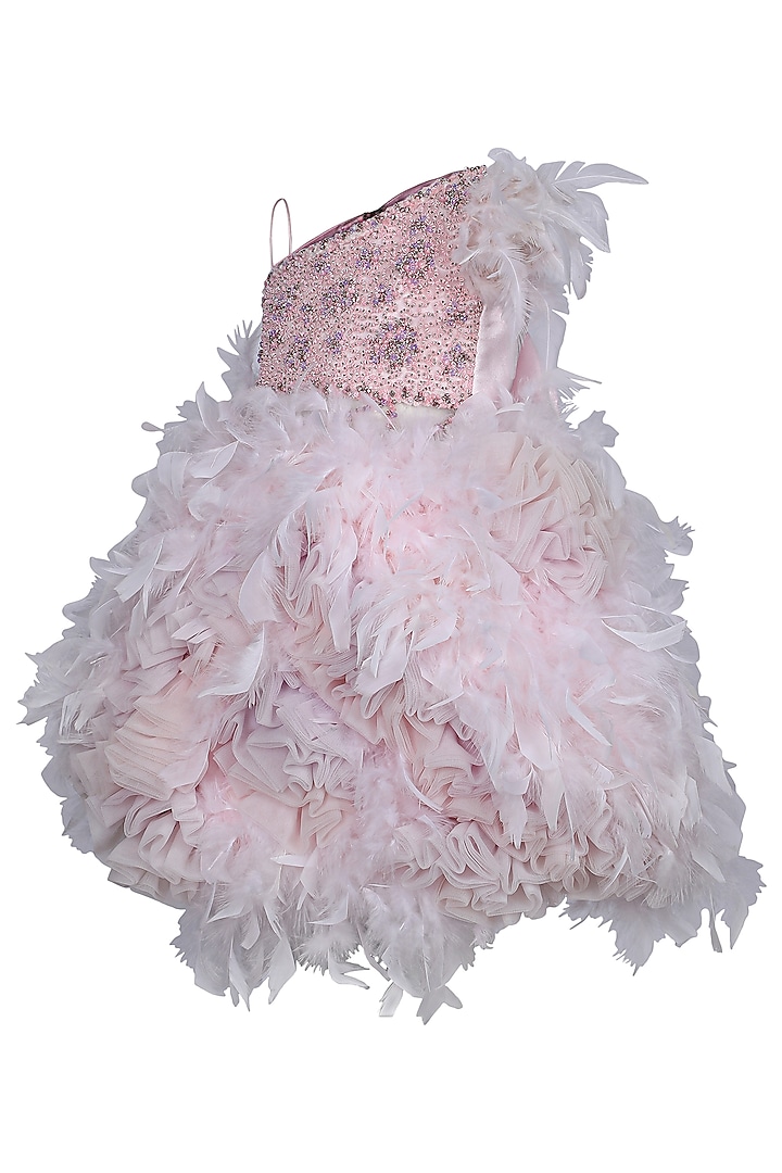 Baby Pink Feather & Dutch Satin Embroidered One-Shoulder Dress For Girls by Pooja Wang at Pernia's Pop Up Shop