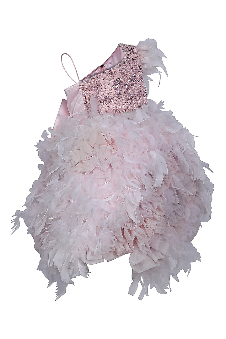 Baby Pink Feather & Dutch Satin Embroidered One-Shoulder Dress For Girls by Pooja Wang at Pernia's Pop Up Shop