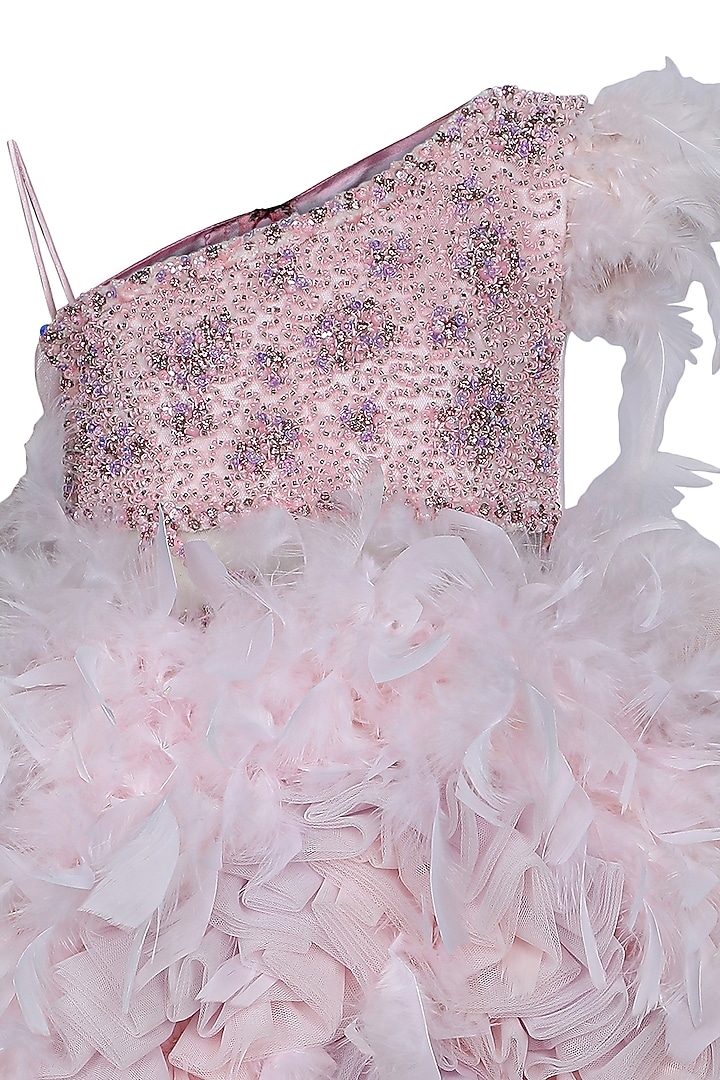 Baby Pink Feather & Dutch Satin Embroidered One-Shoulder Dress For Girls by Pooja Wang at Pernia's Pop Up Shop