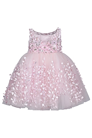 Baby Pink Net Embroidered Dress For Girls by Pooja Wang