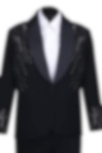 Black Suiting Embroidered Tuxedo Set For Boys by Pooja Wang at Pernia's Pop Up Shop