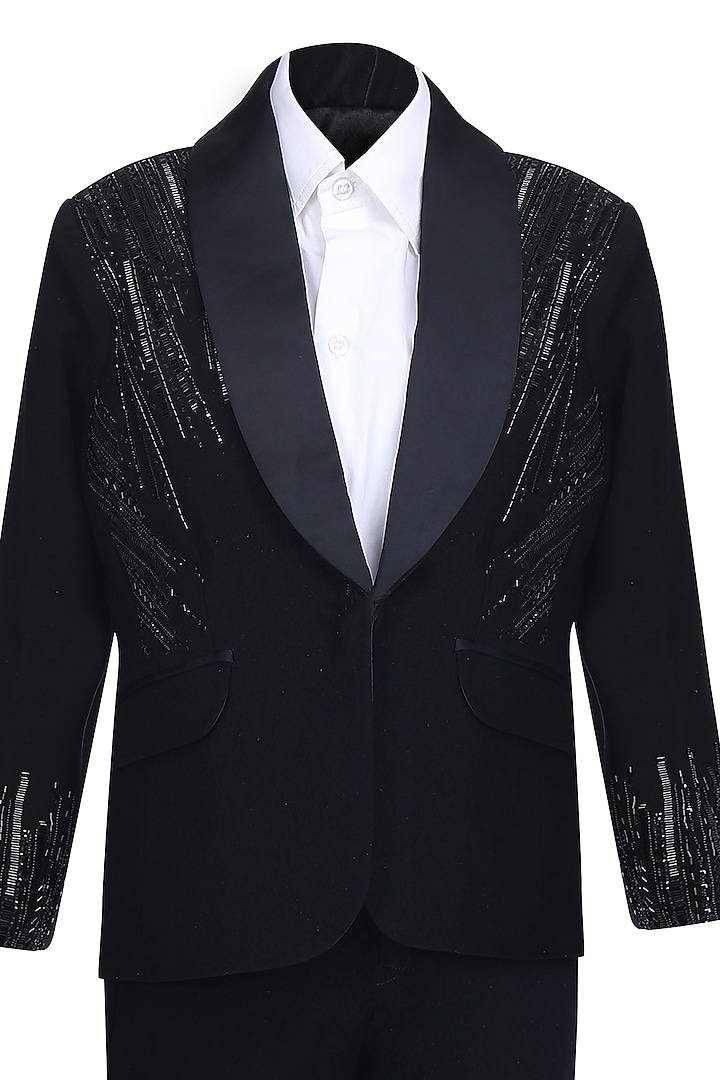 Black Suiting Embroidered Tuxedo Set For Boys by Pooja Wang at Pernia's Pop Up Shop