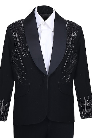 Black Suiting Embroidered Tuxedo Set For Boys by Pooja Wang