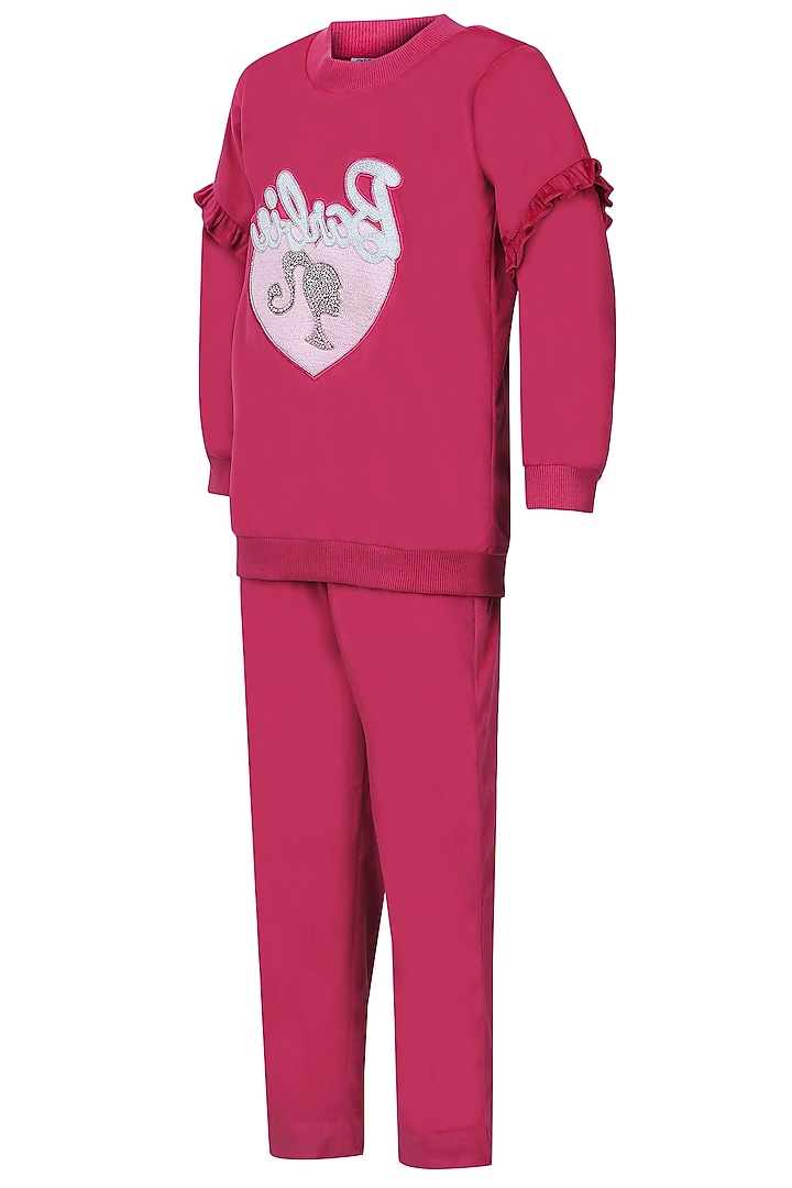 Hot Pink Velvet Embroidered Co-Ord Set For Girls by Pooja Wang at Pernia's Pop Up Shop