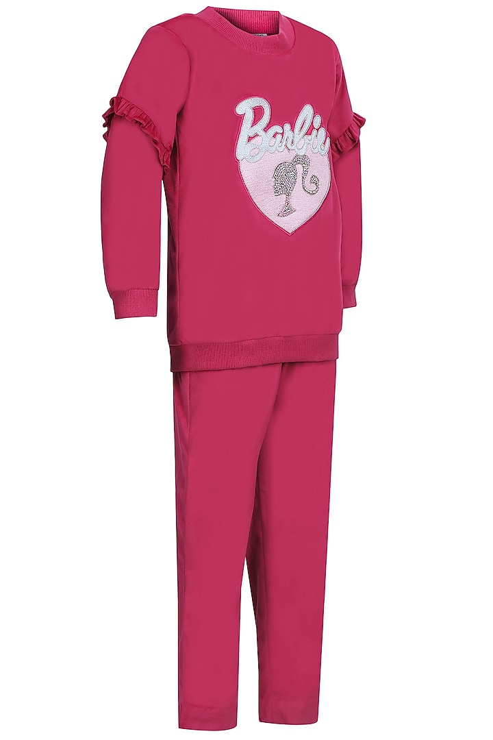 Hot Pink Velvet Embroidered Co-Ord Set For Girls by Pooja Wang at Pernia's Pop Up Shop
