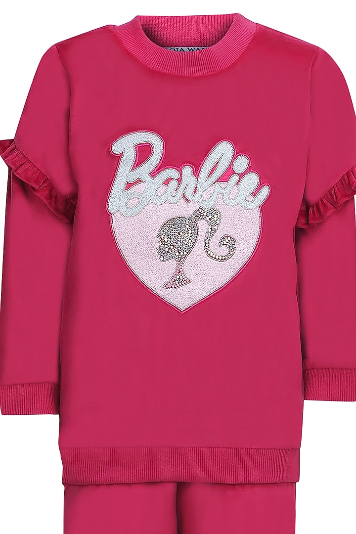 Hot Pink Velvet Embroidered Co-Ord Set For Girls by Pooja Wang at Pernia's Pop Up Shop