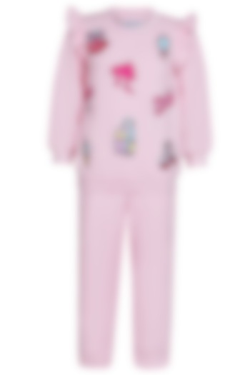 Baby Pink Fleece Embroidered Co-Ord Set For Girls by Pooja Wang at Pernia's Pop Up Shop