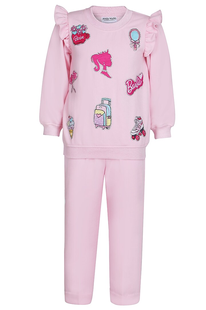 Baby Pink Fleece Embroidered Co-Ord Set For Girls by Pooja Wang at Pernia's Pop Up Shop