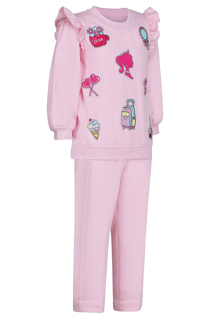 Baby Pink Fleece Embroidered Co-Ord Set For Girls by Pooja Wang at Pernia's Pop Up Shop