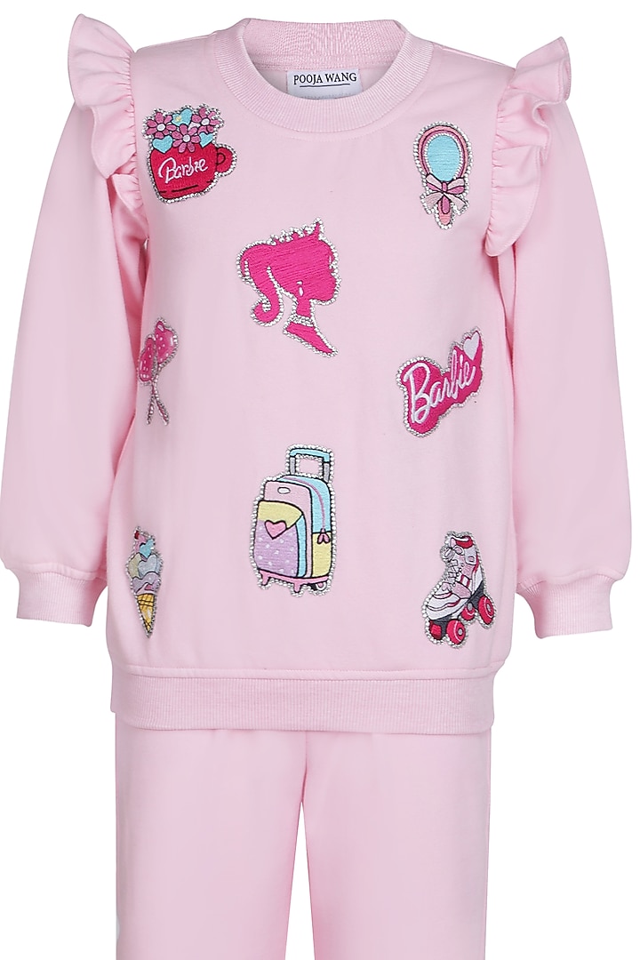 Baby Pink Fleece Embroidered Co-Ord Set For Girls by Pooja Wang at Pernia's Pop Up Shop