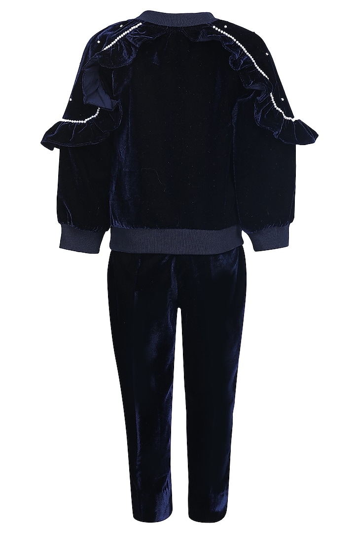 Blue Velvet Embroidered Co-Ord Set For Girls by Pooja Wang at Pernia's Pop Up Shop