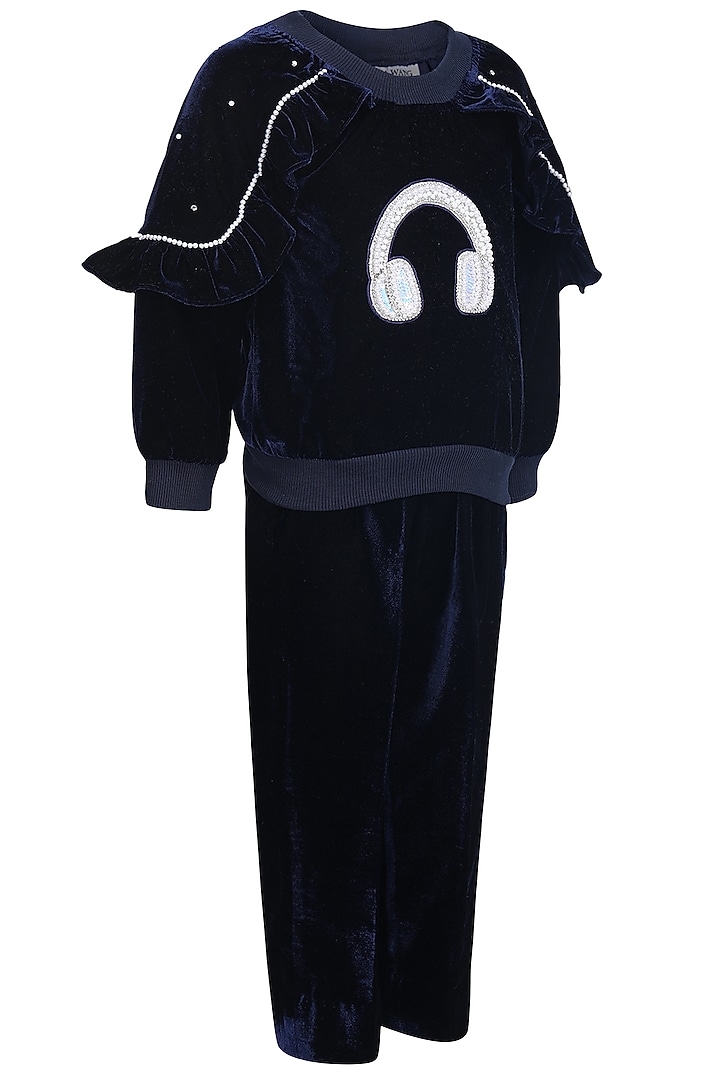Blue Velvet Embroidered Co-Ord Set For Girls by Pooja Wang at Pernia's Pop Up Shop