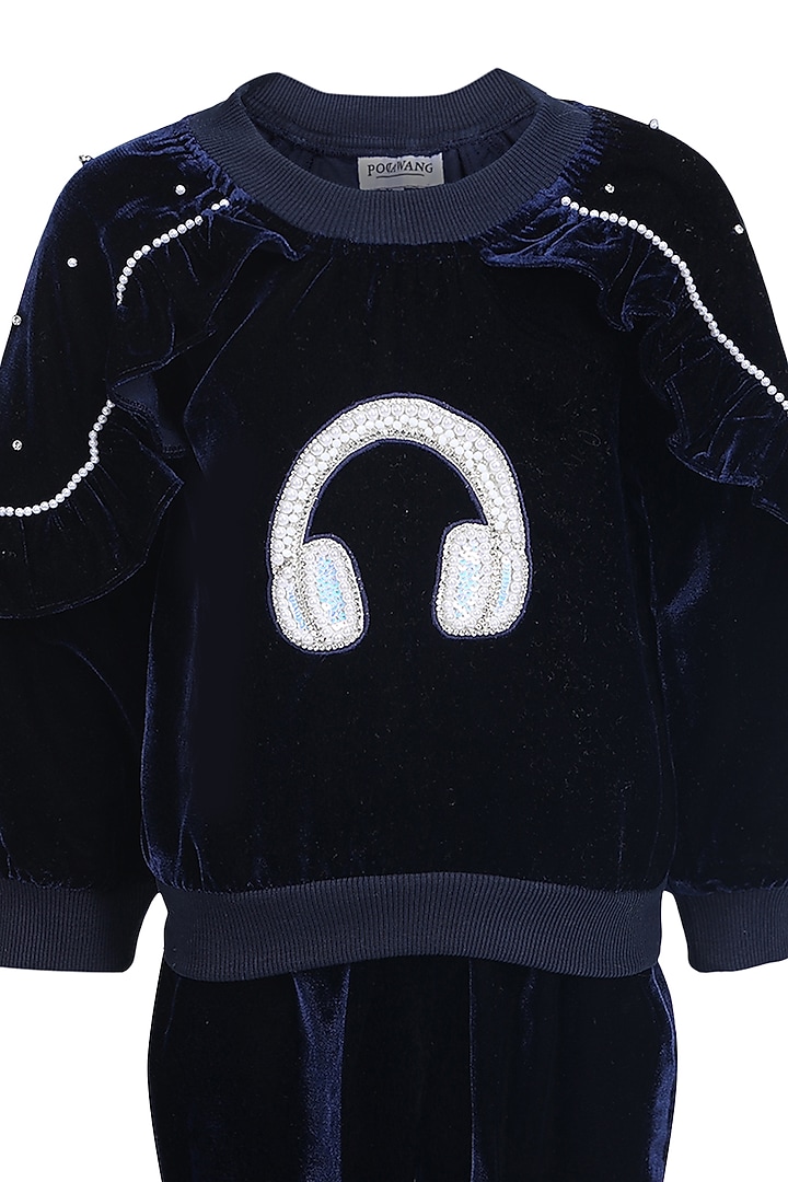 Blue Velvet Embroidered Co-Ord Set For Girls by Pooja Wang at Pernia's Pop Up Shop