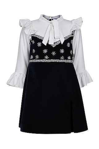 Royal Blue Velvet Embroidered Dress For Girls by Pooja Wang