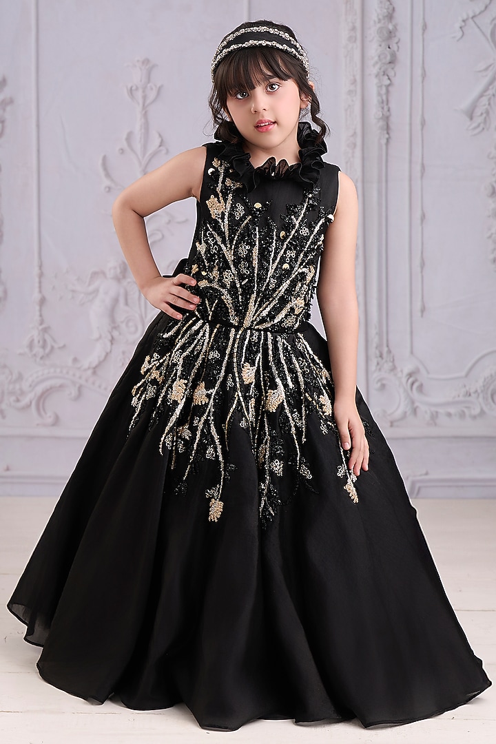 Black Organza Tissue Embroidered Gown For Girls by Pooja Wang at Pernia's Pop Up Shop
