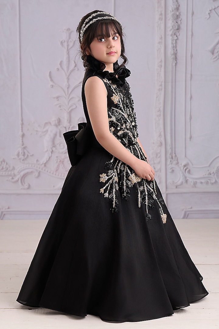 Black Organza Tissue Embroidered Gown For Girls by Pooja Wang at Pernia's Pop Up Shop