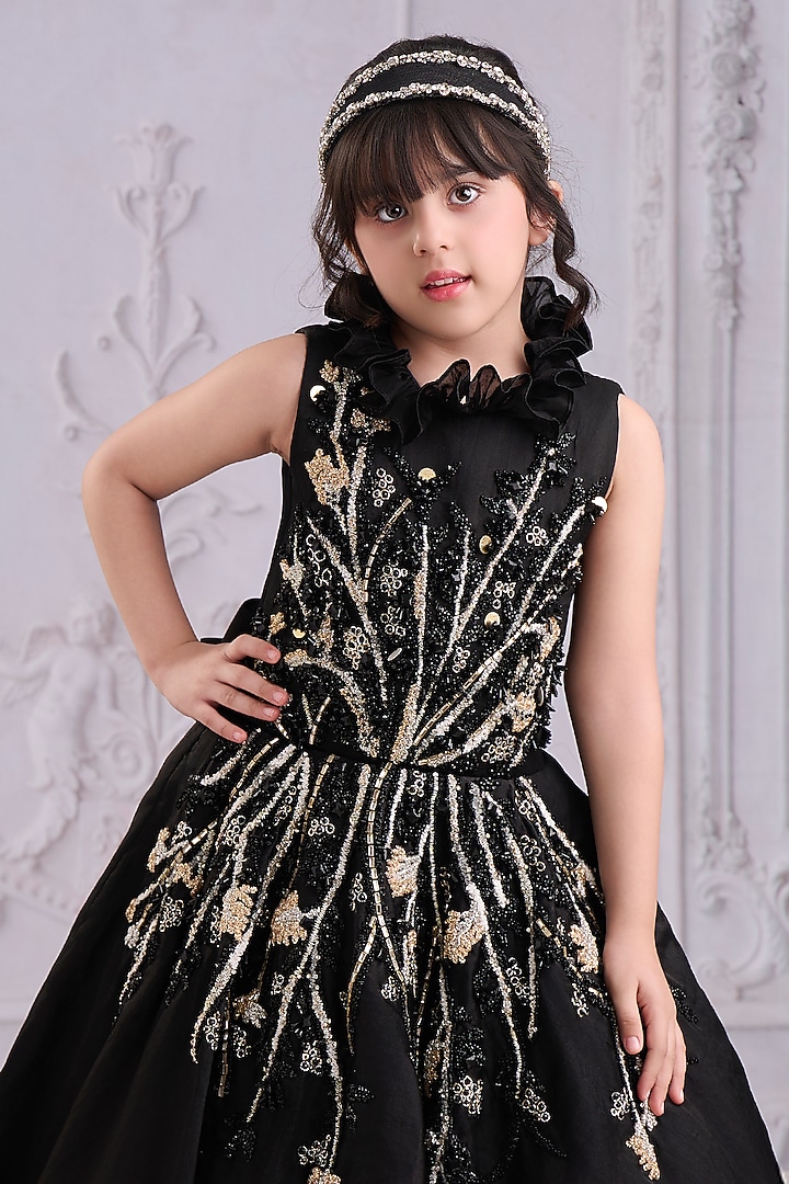 Black Organza Tissue Embroidered Gown For Girls by Pooja Wang at Pernia's Pop Up Shop
