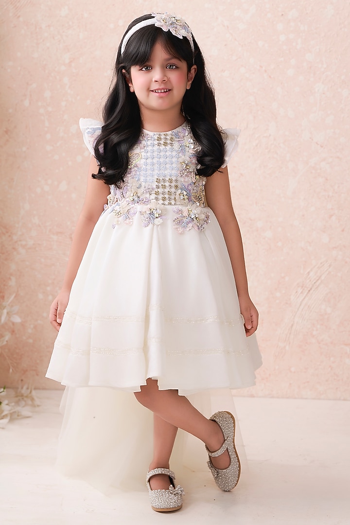 Ivory Organza Tissue Embroidered Dress For Girls by Pooja Wang at Pernia's Pop Up Shop