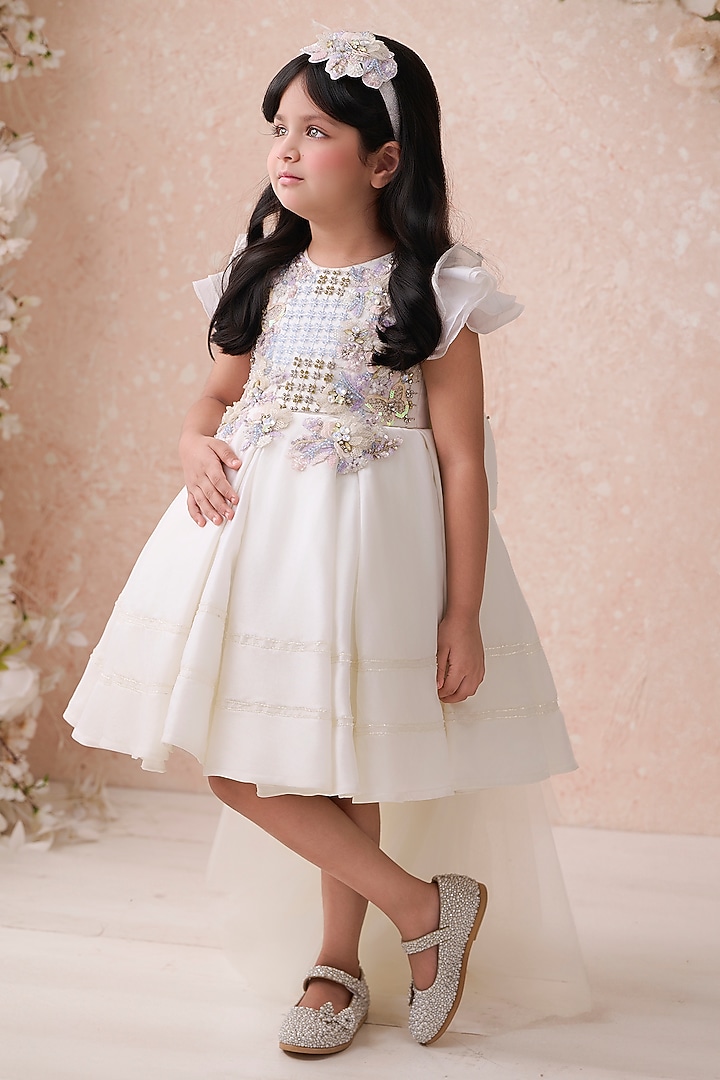 Ivory Organza Tissue Embroidered Dress For Girls by Pooja Wang at Pernia's Pop Up Shop
