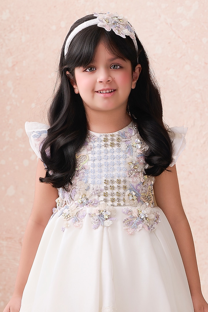 Ivory Organza Tissue Embroidered Dress For Girls by Pooja Wang at Pernia's Pop Up Shop