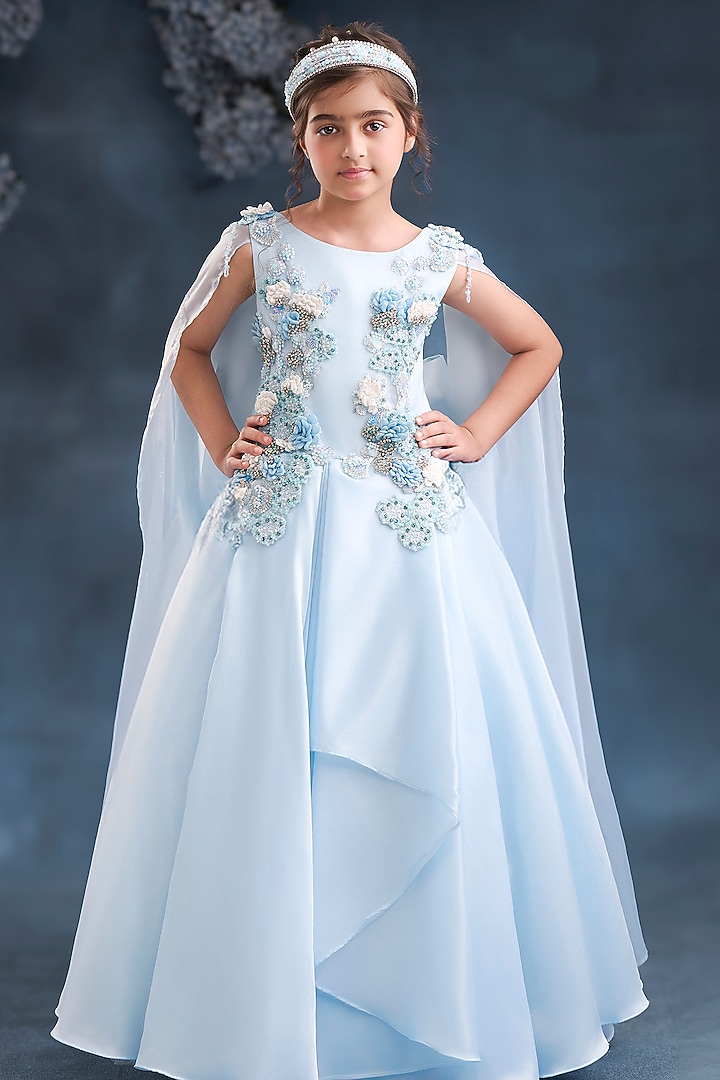 Ice Blue Organza Tissue Embroidered Gown For Girls by Pooja Wang at Pernia's Pop Up Shop