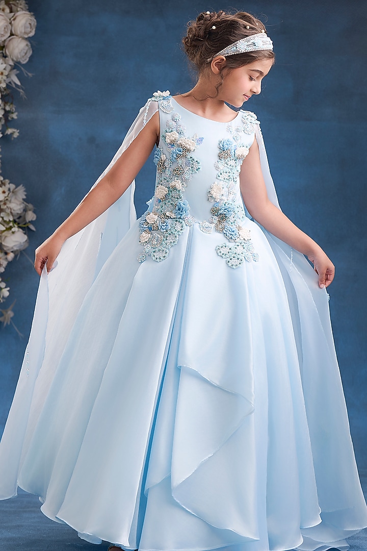 Ice Blue Organza Tissue Embroidered Gown For Girls by Pooja Wang at Pernia's Pop Up Shop