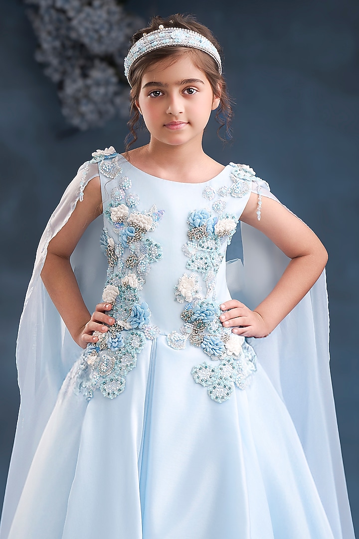 Ice Blue Organza Tissue Embroidered Gown For Girls by Pooja Wang at Pernia's Pop Up Shop