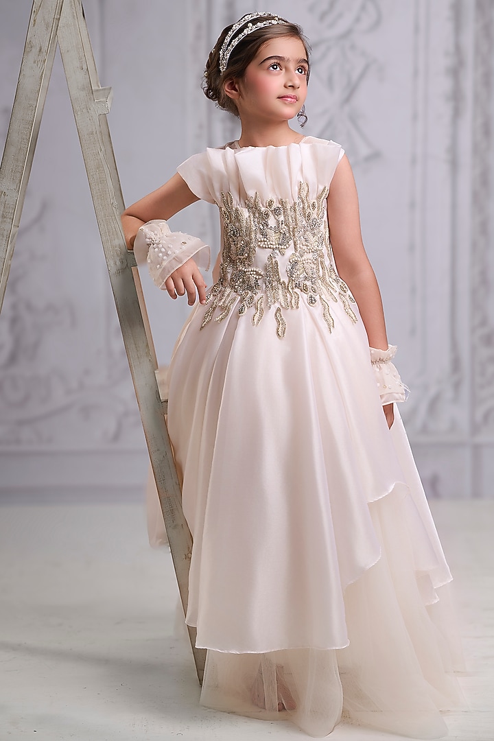 Ivory Organza Tissue Embroidered Gown For Girls by Pooja Wang at Pernia's Pop Up Shop
