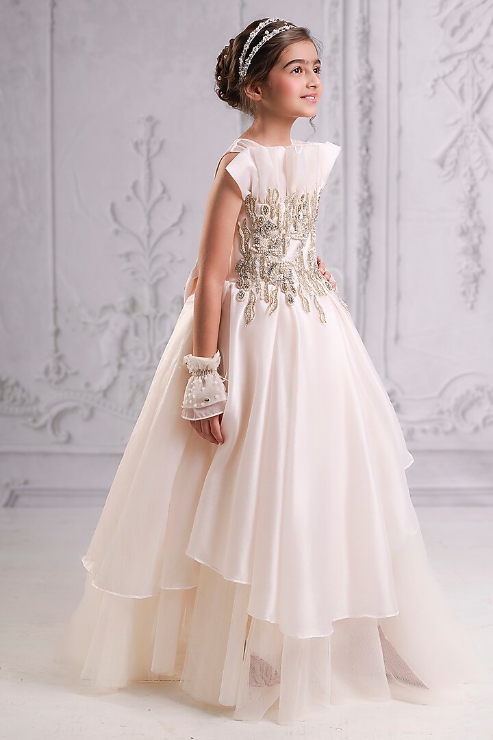Ivory Organza Tissue Embroidered Gown For Girls by Pooja Wang at Pernia's Pop Up Shop
