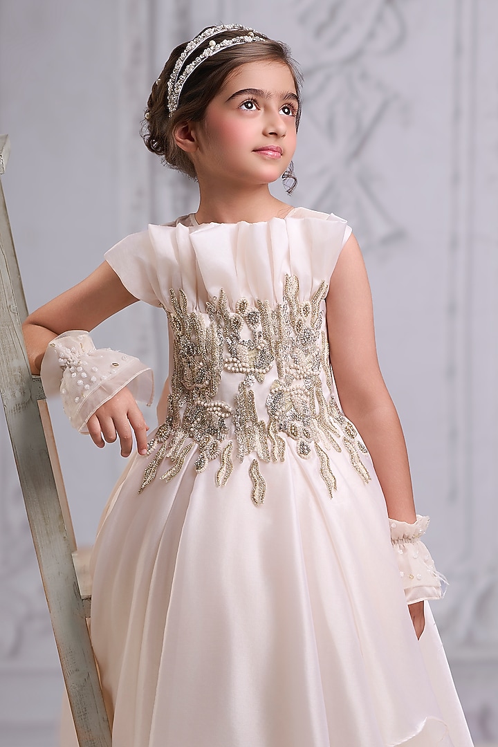 Ivory Organza Tissue Embroidered Gown For Girls by Pooja Wang at Pernia's Pop Up Shop