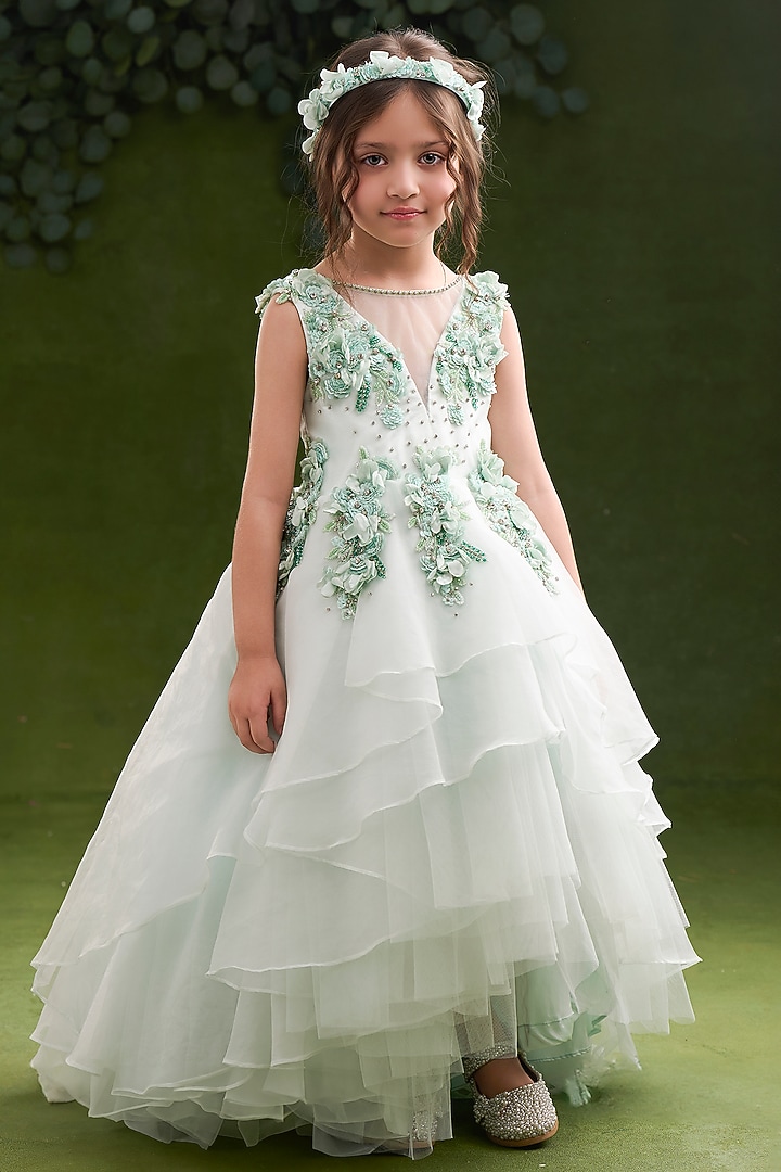 Gold Jacquard Embroidered Gown For Girls by Pooja Wang at Pernia's Pop Up Shop