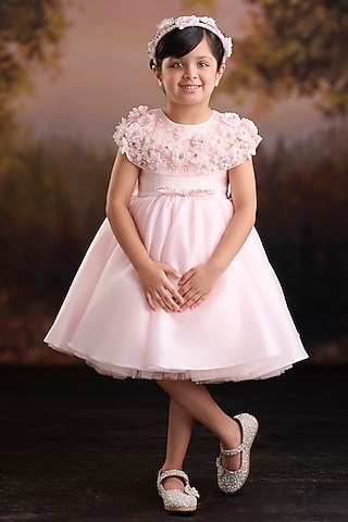 Peach Pink Organza Tissue Embroidered Gown For Girls by Pooja Wang